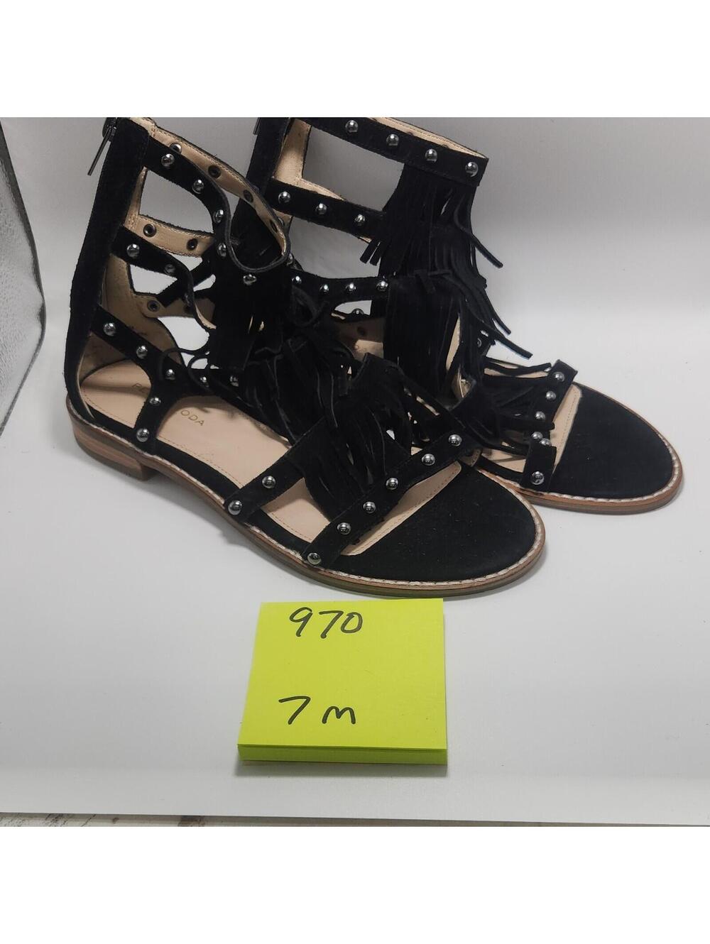 Women's Gladiator Sandals Black Fringe Studded Flat Zip Ankle Strap 7 M